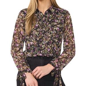 NWT CeCe Black Sheer Floral Button-Front Blouse with Purple Accents